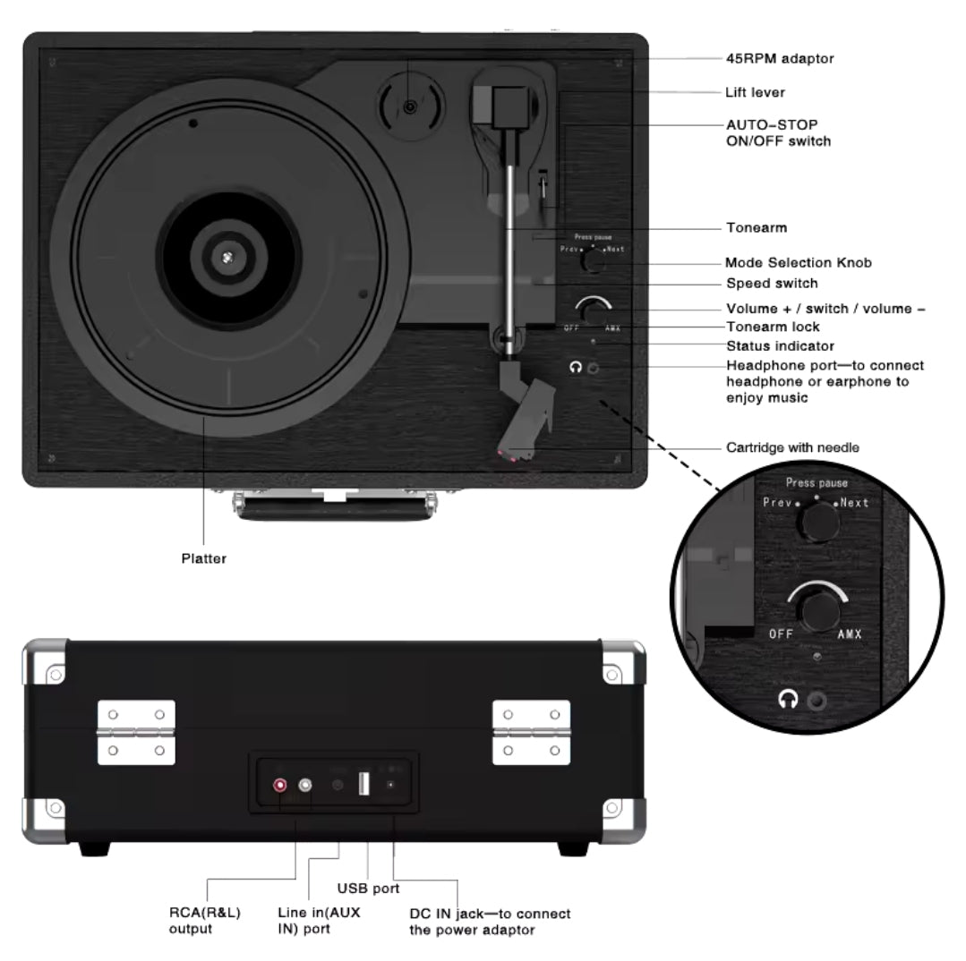 Vintage Style Record Player – 3 Speeds Bluetooth Connectivity