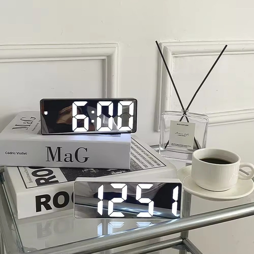 Digital Clock with Mirror Front –  with Alarm, Date & Temperature