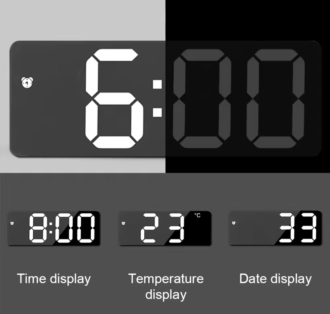 Digital Clock with Mirror Front –  with Alarm, Date & Temperature